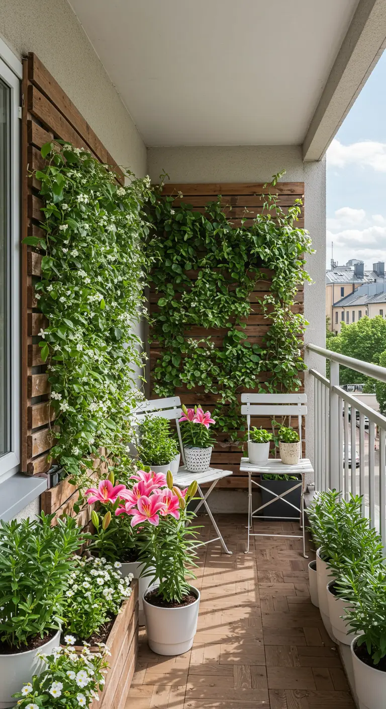 Balcón estrecho con jardín vertical de jazmín y macetas con lirios rosas y flores blancas.