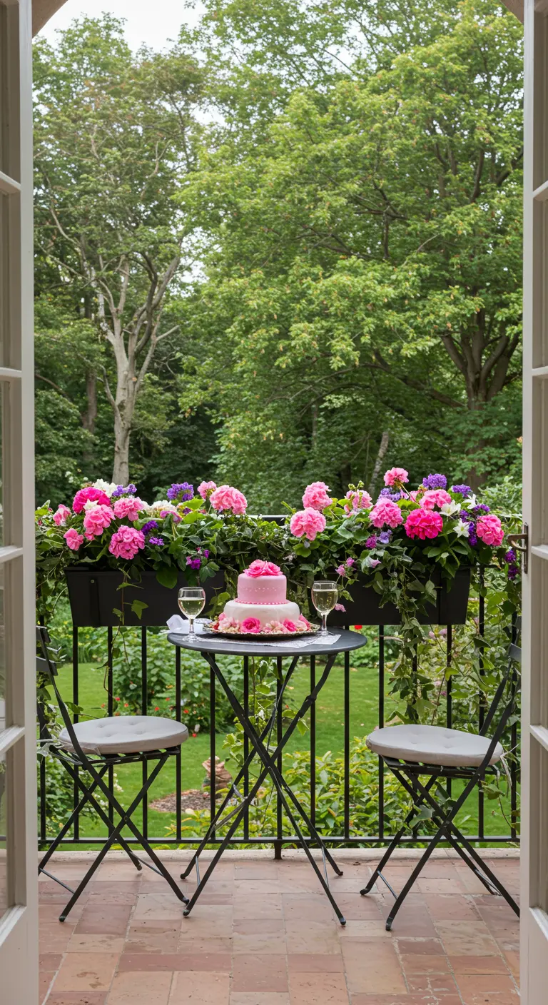 Balcón con una jardinera repleta de flores rosas y moradas, y una mesa con un pastel.