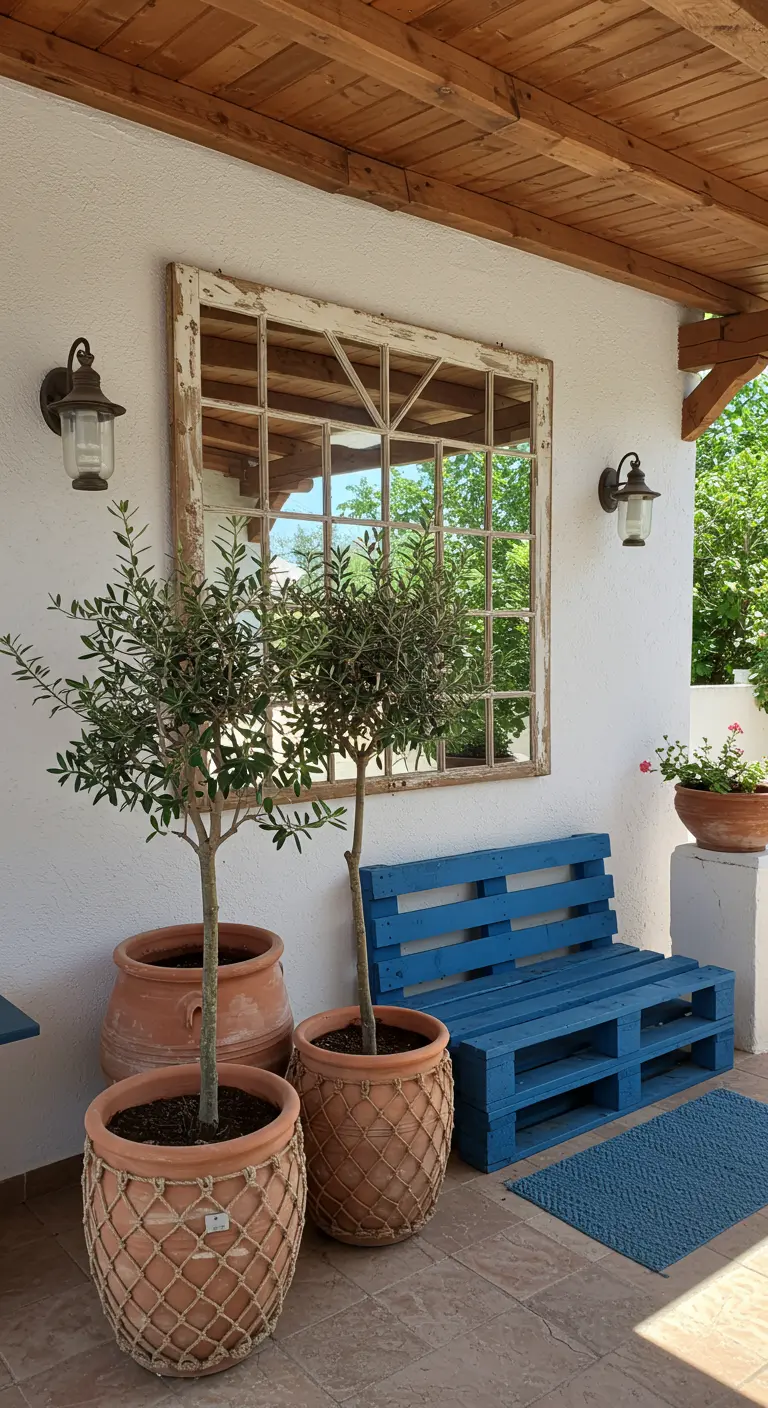 Porche con un banco de palet pintado de azul, grandes macetas de terracota y un espejo con forma de ventana.