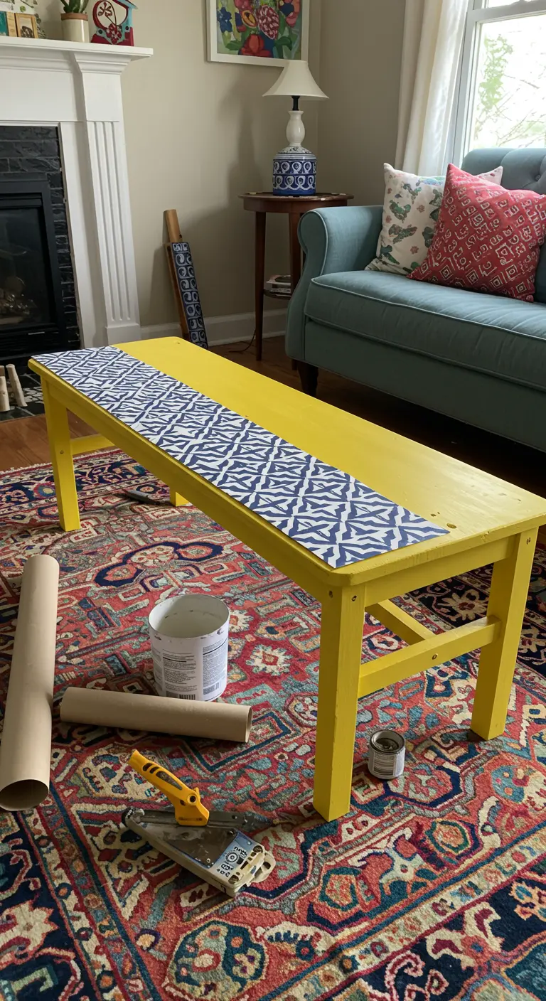 Banco de madera pintado de amarillo brillante con una franja central de papel que imita azulejos azules y blancos.