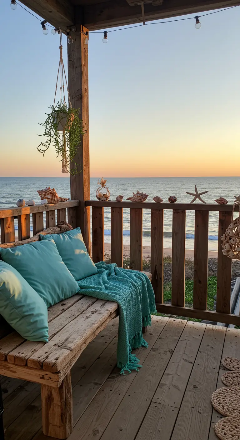 Banco de madera rústico en un porche con vistas al mar al atardecer y cojines turquesa.