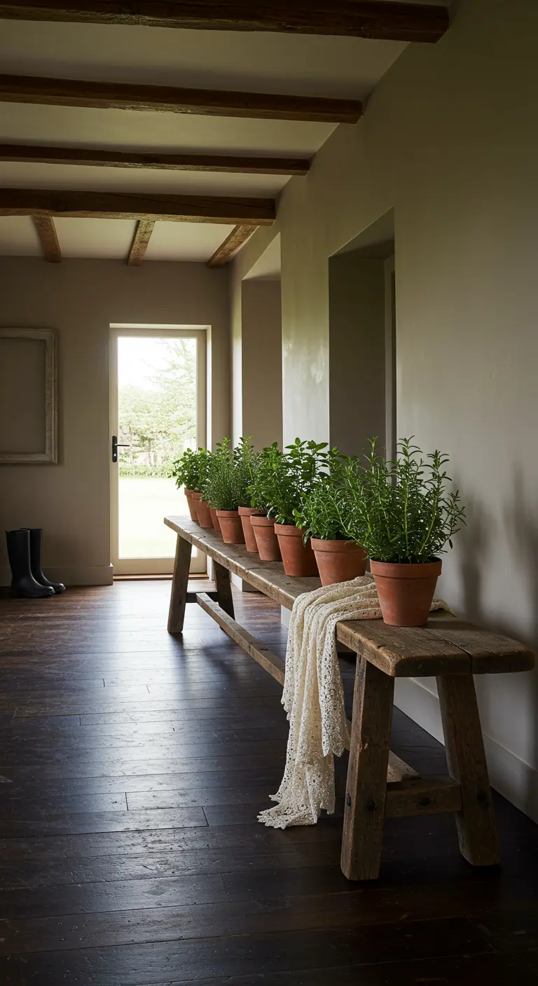 Largo banco de madera rústica con varias macetas de terracota con hierbas aromáticas.