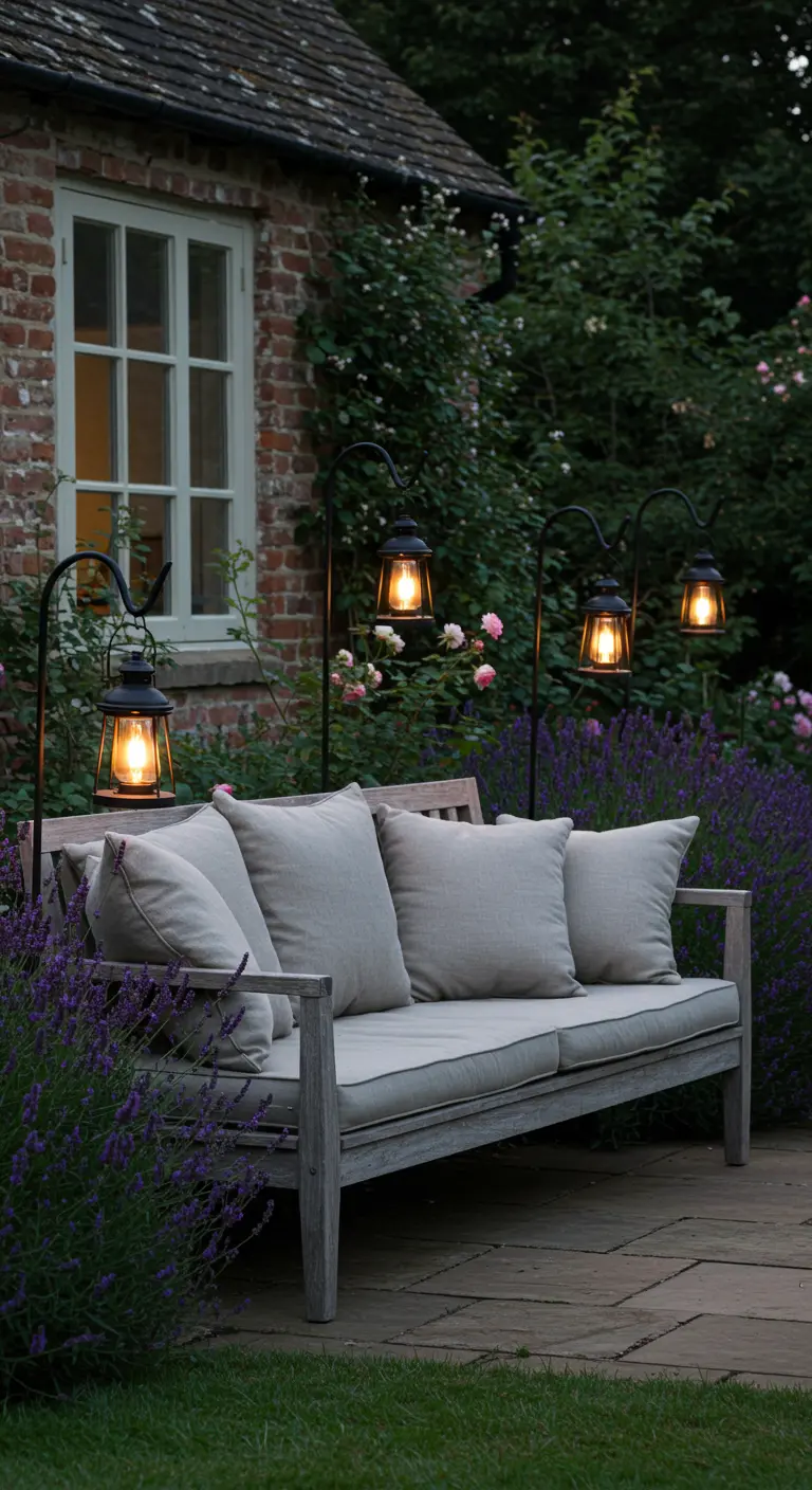 Banco de jardín de madera rodeado de lavanda y faroles negros colgando de soportes curvos de metal.