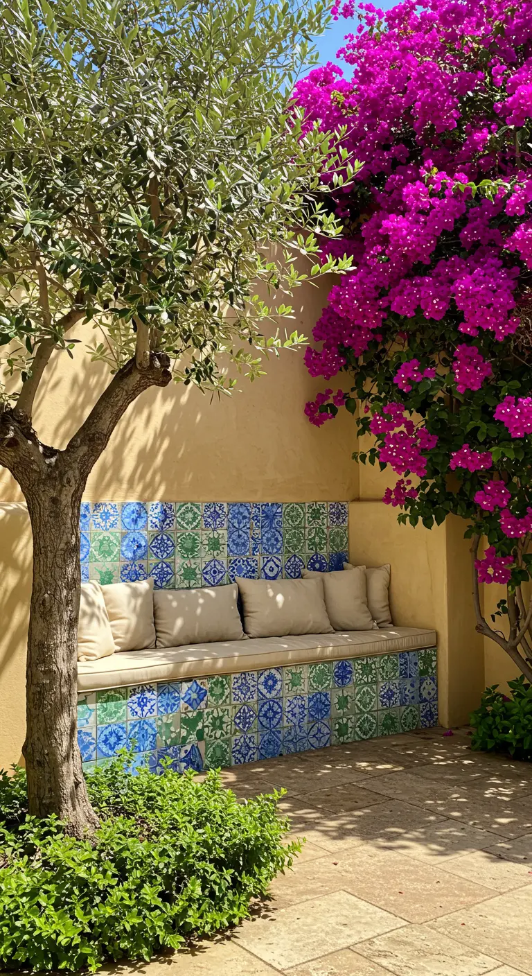 Banco de obra alicatado con azulejos verdes y azules, a la sombra de un olivo y junto a una buganvilla.
