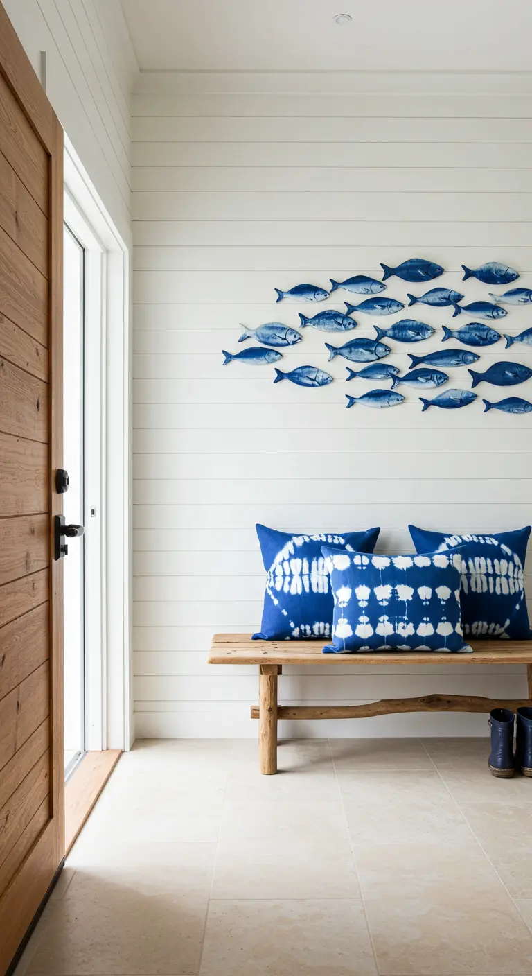 Entrada de estilo costero con un banco de peces de cerámica azul en una pared de lamas blancas.