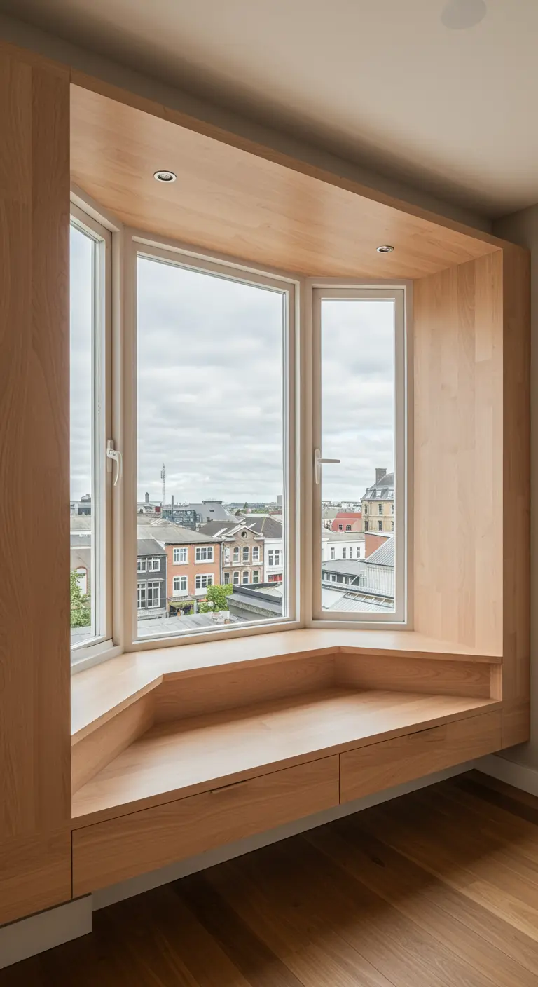 Asiento de ventana de madera clara construido con estanterías flotantes y cajones