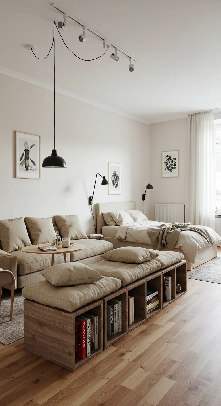 Banco bajo de madera con cojines beige a los pies de una cama, con los huecos llenos de libros.