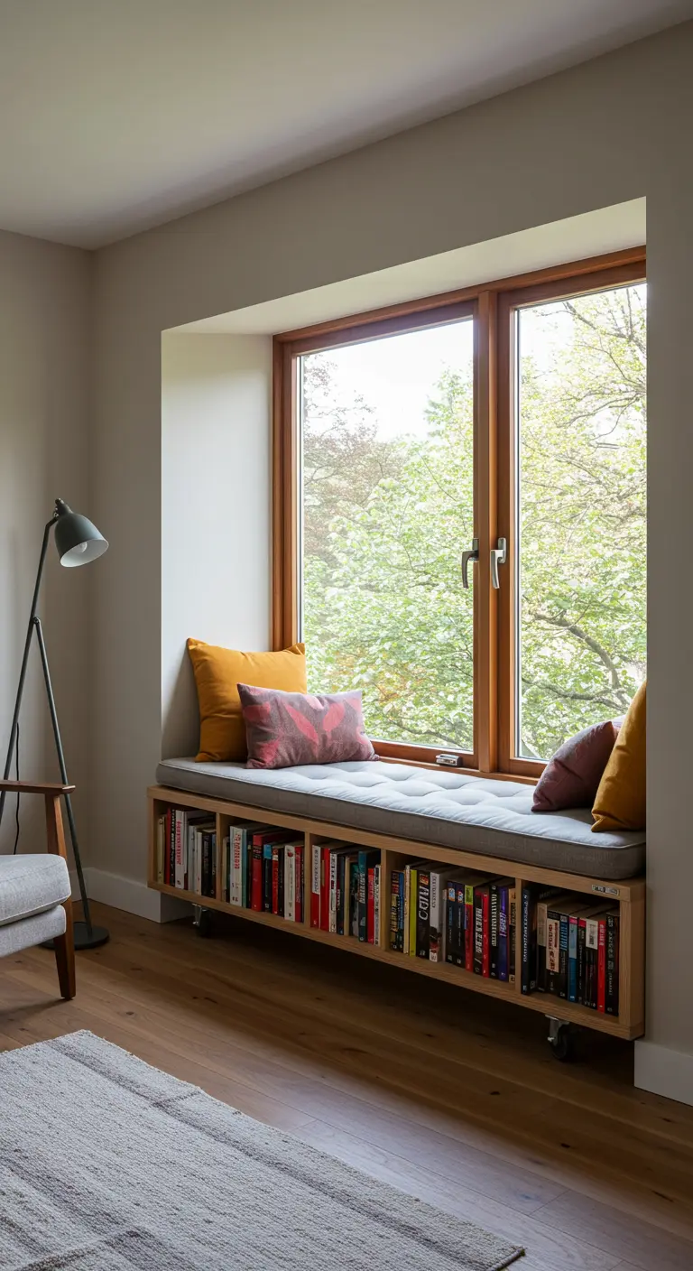 Banco de madera bajo la ventana con cojines, almacenamiento para libros y ruedas.