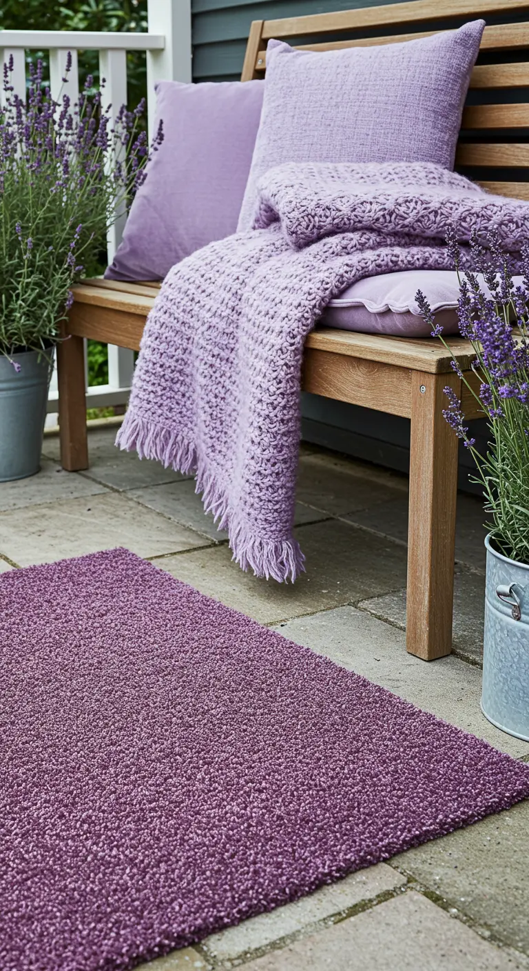 Banco de madera en un patio con cojines y mantas en varias texturas y tonos de lavanda.