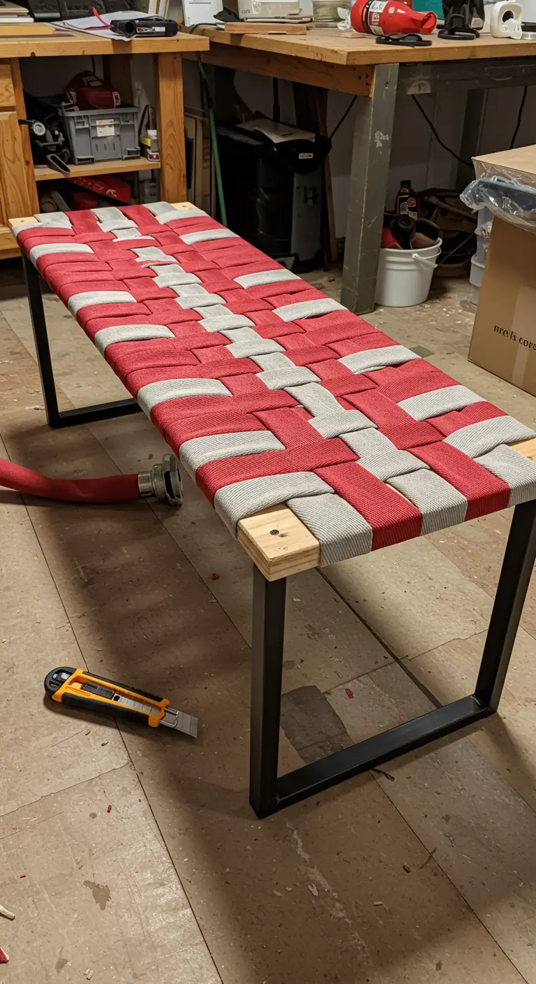 Banco con estructura de metal y asiento tejido con cintas de tela rojas y grises.