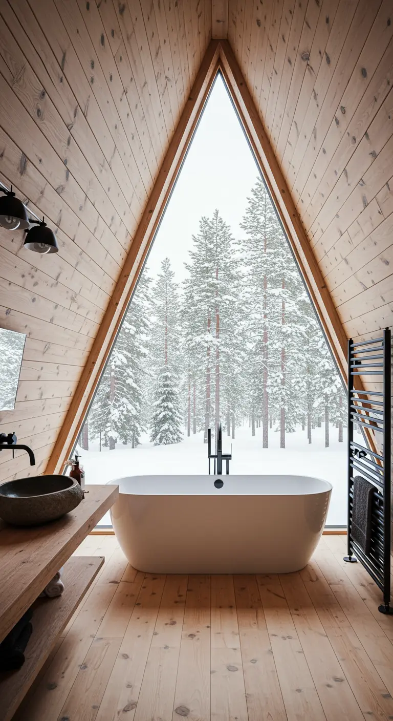 Baño en cabaña de madera con ventanal triangular y vistas a un bosque nevado.