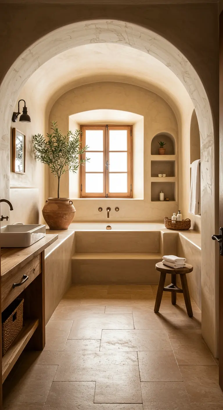 Baño de estilo mediterráneo con bañera de obra, paredes curvas y un olivo en maceta