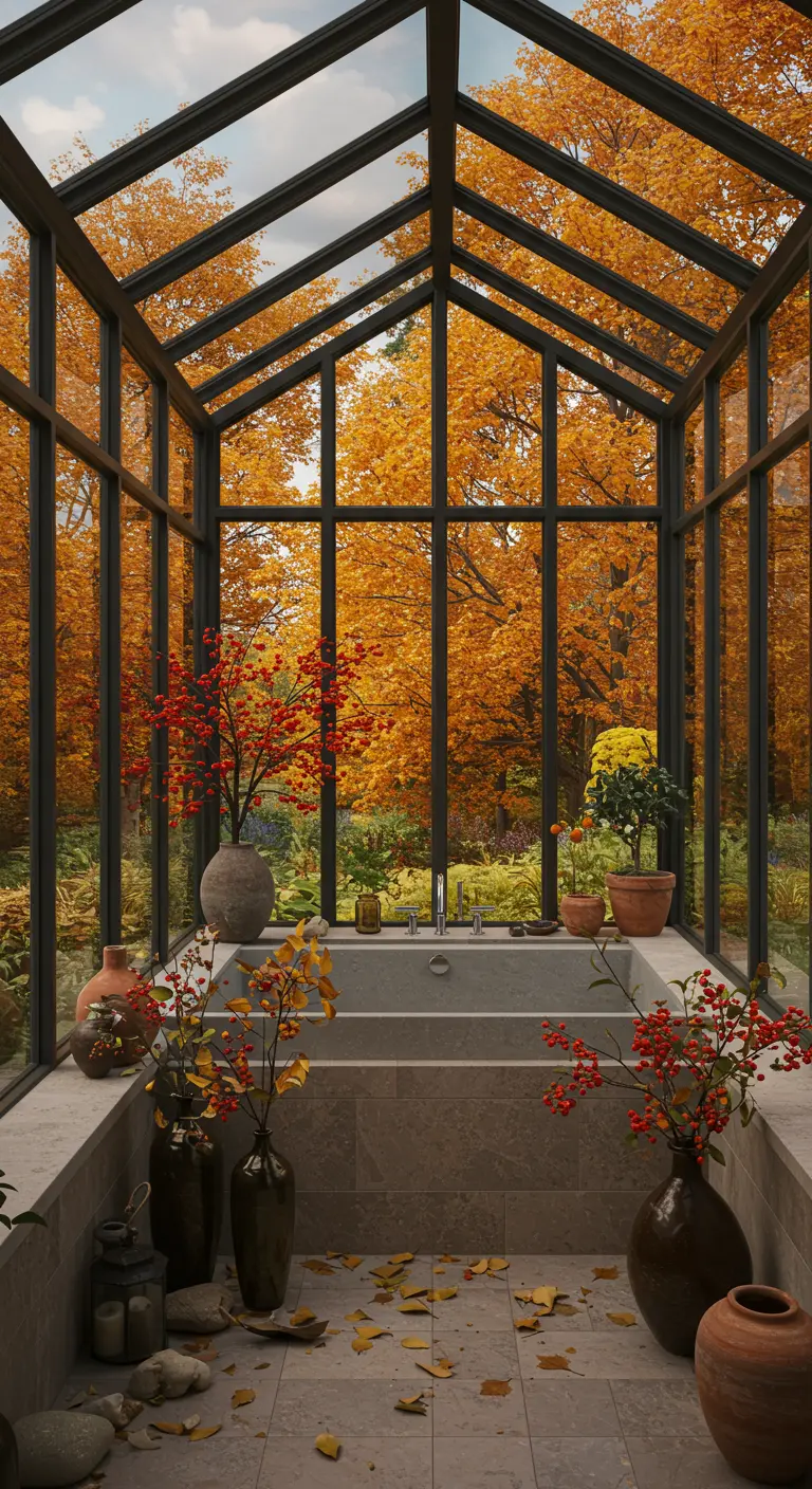 Bañera en un invernadero de cristal rodeado de un bosque con árboles de colores otoñales.