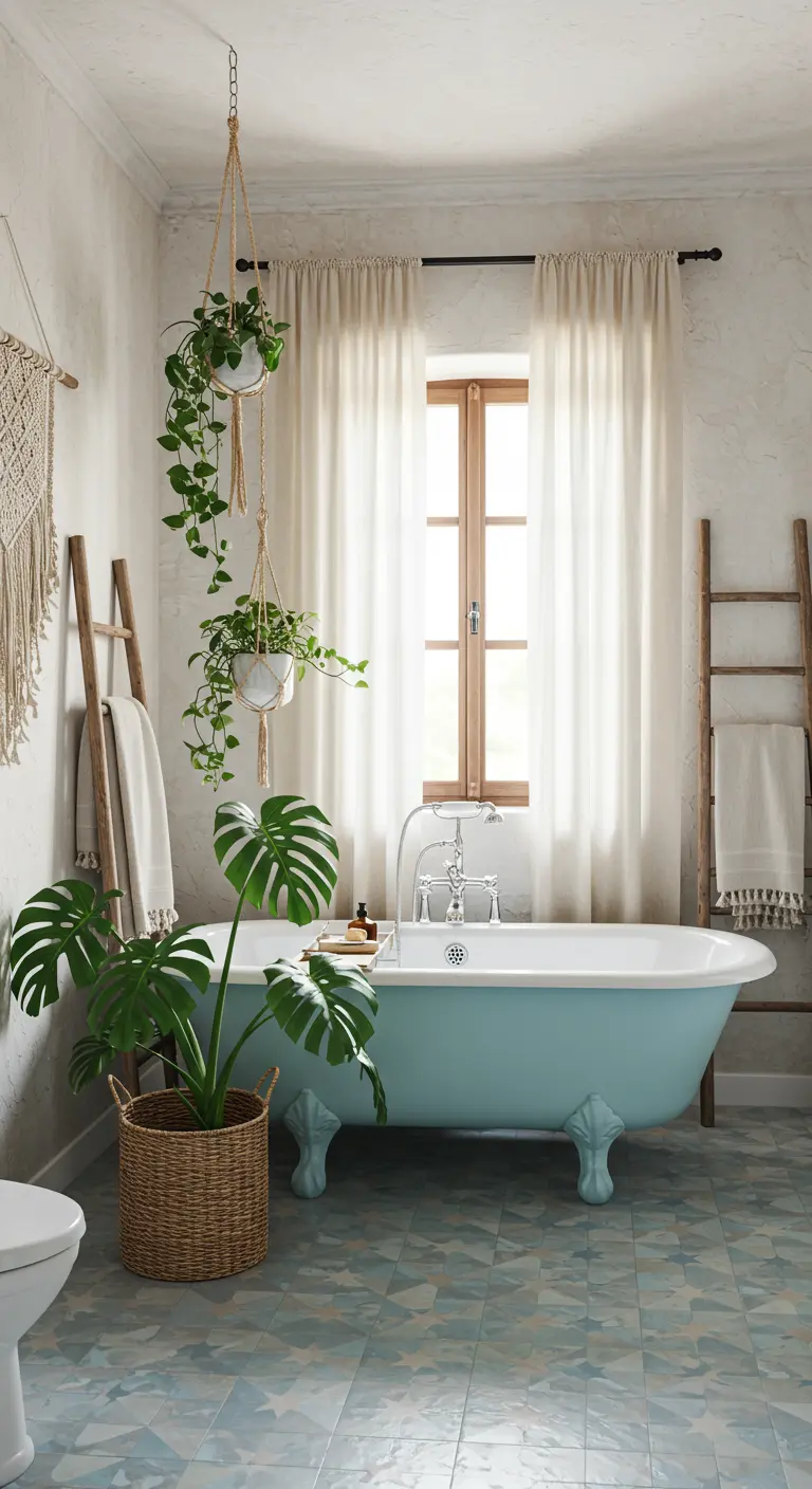 Baño bohemio con bañera exenta azul, plantas colgantes y suelo de baldosas geométricas