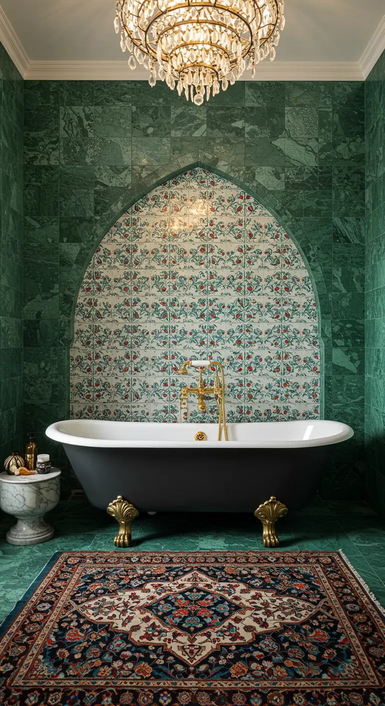Baño lujoso con paredes de mármol verde, bañera con patas doradas y alfombra persa
