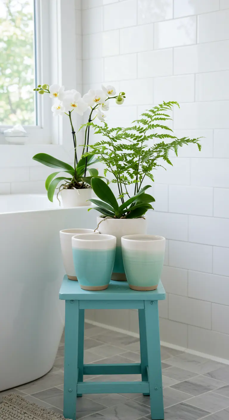 Macetas de cerámica blanca y verde menta con efecto 'dipped' sobre un taburete azul.