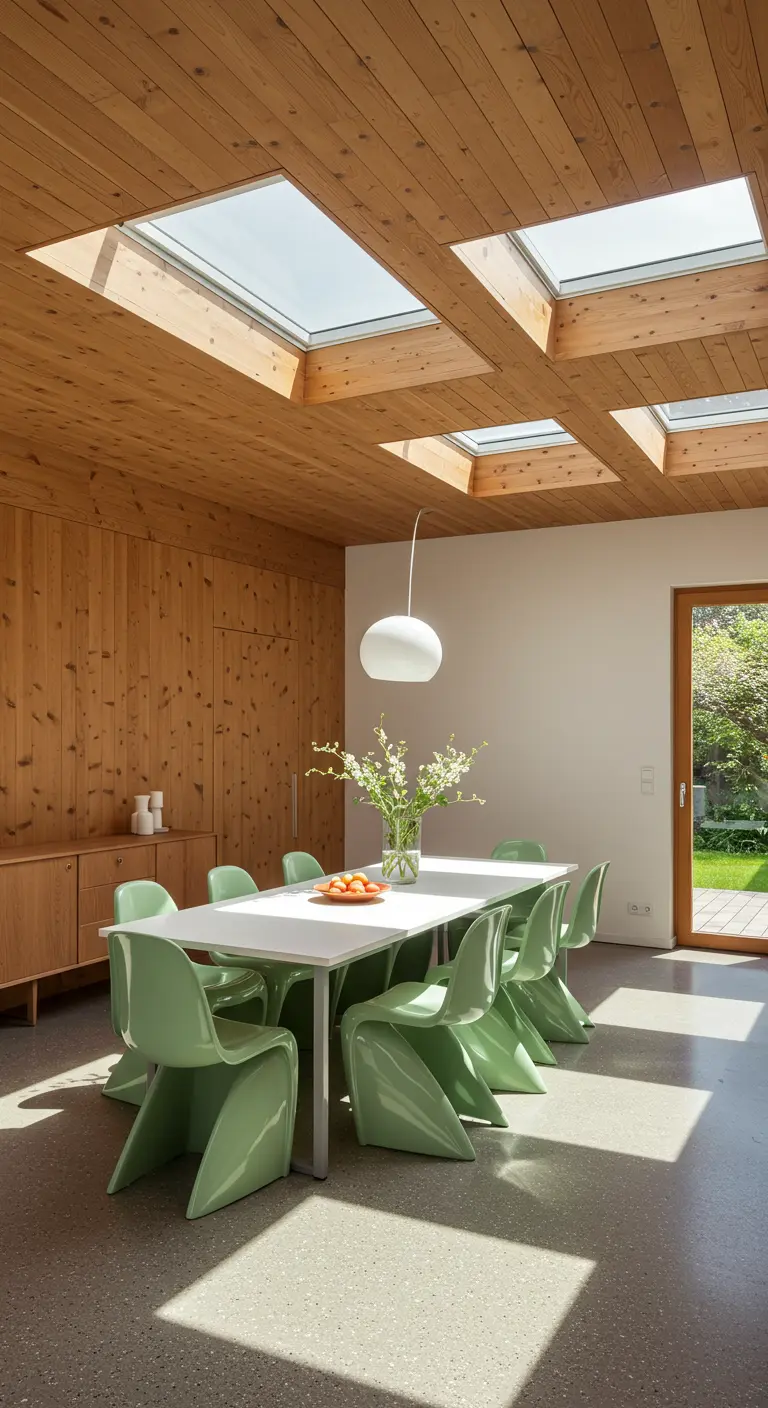 Comedor luminoso con techo de madera y varios tragaluces que inundan de luz el espacio
