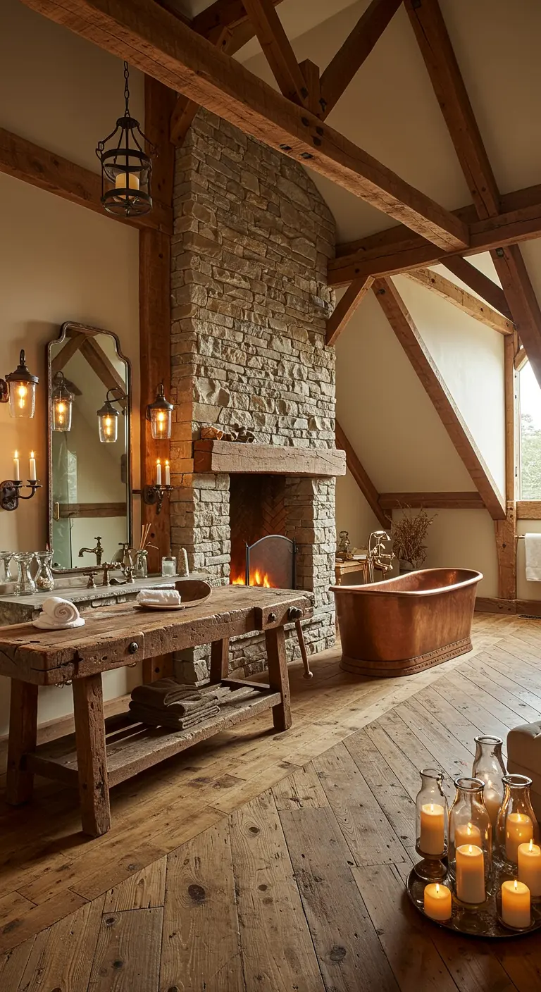 Baño espacioso y lujoso con chimenea de piedra, bañera de cobre y techo con vigas de madera.