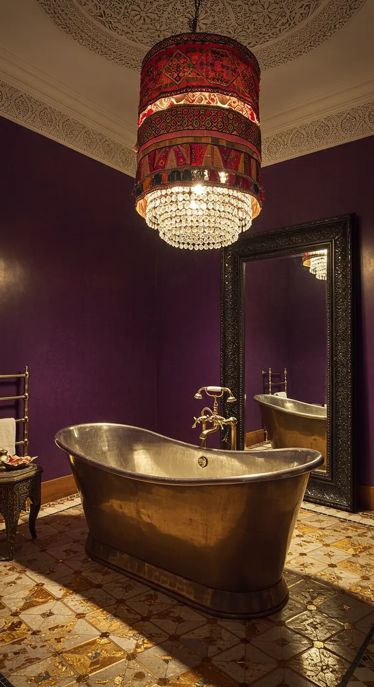 Baño de lujo con paredes púrpuras, bañera metálica exenta y una gran lámpara de tela y cristal