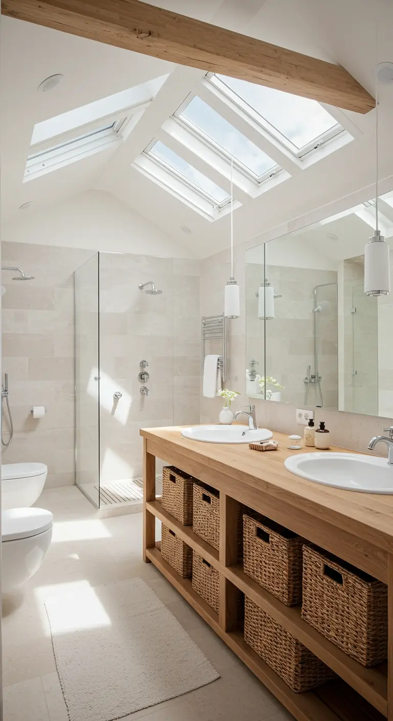 Baño luminoso con varios tragaluces, mueble de madera doble con cestas de mimbre.