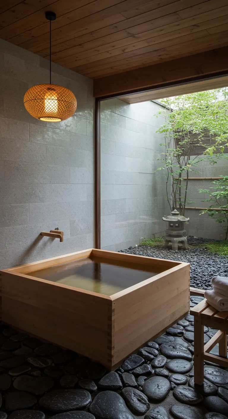 Baño de estilo japonés con bañera cuadrada de madera y vistas a un patio interior con jardín zen.