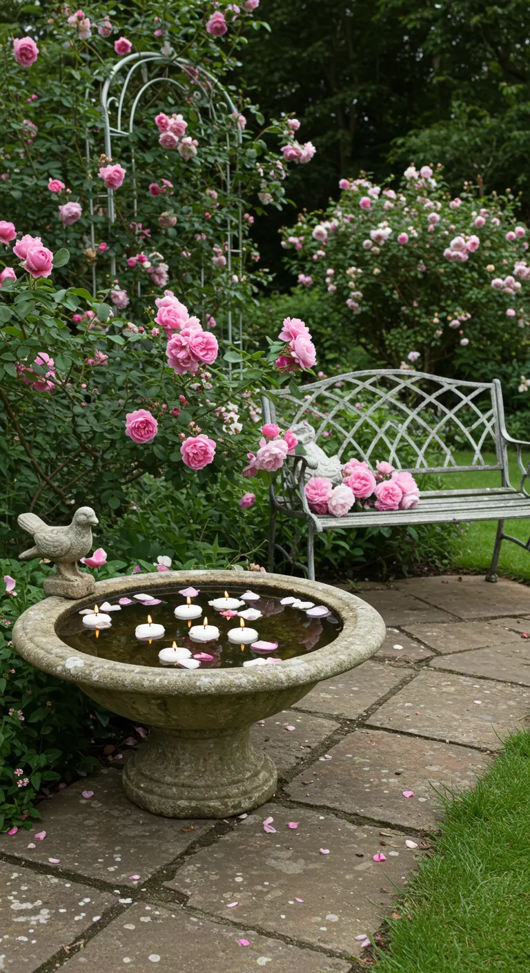 Baño para pájaros de piedra en un jardín de rosas, lleno de agua con velas flotantes.