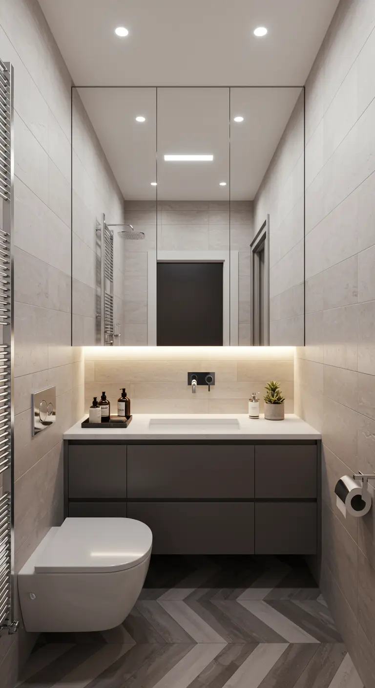 Baño moderno con un gran armario de espejo con iluminación inferior