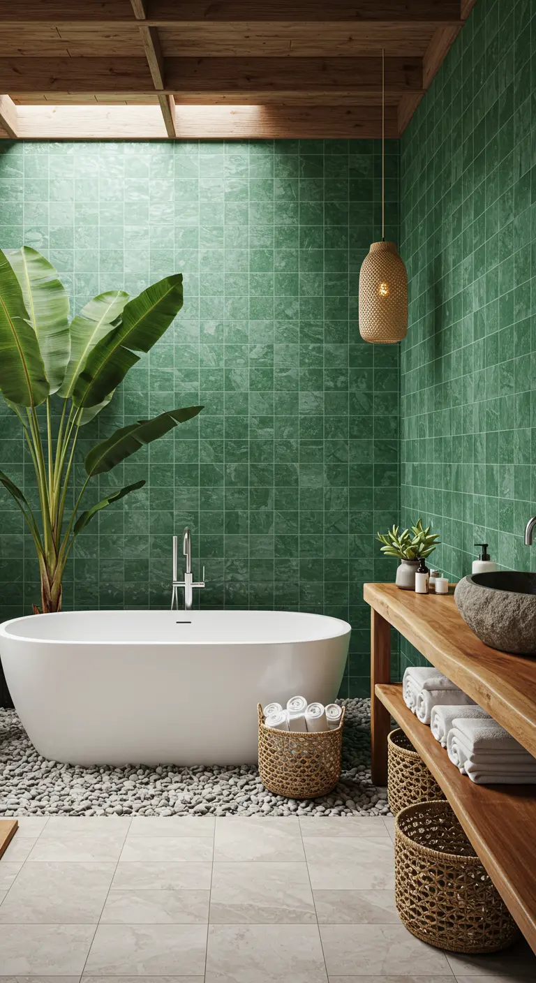 Baño de estilo tropical con azulejos verdes, bañera exenta, lavabo de piedra y plantas grandes.