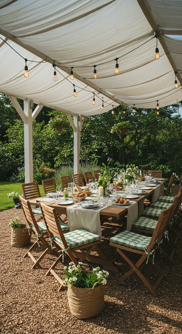 Mesa de comedor larga en el jardín bajo un toldo de tela blanca, con sillas de madera y cojines de cuadros.
