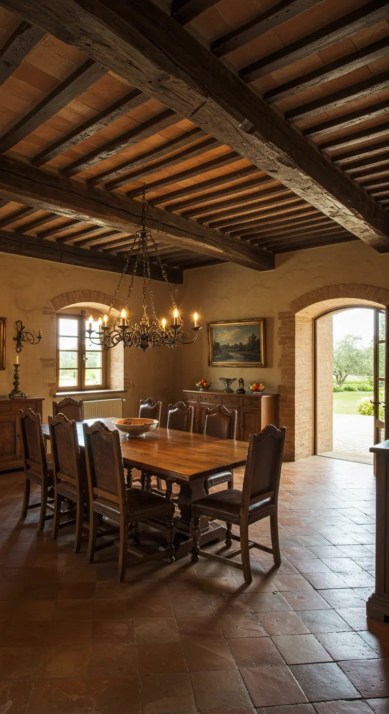 Comedor de estilo medieval con techo de vigas de madera oscura y una gran mesa de banquete