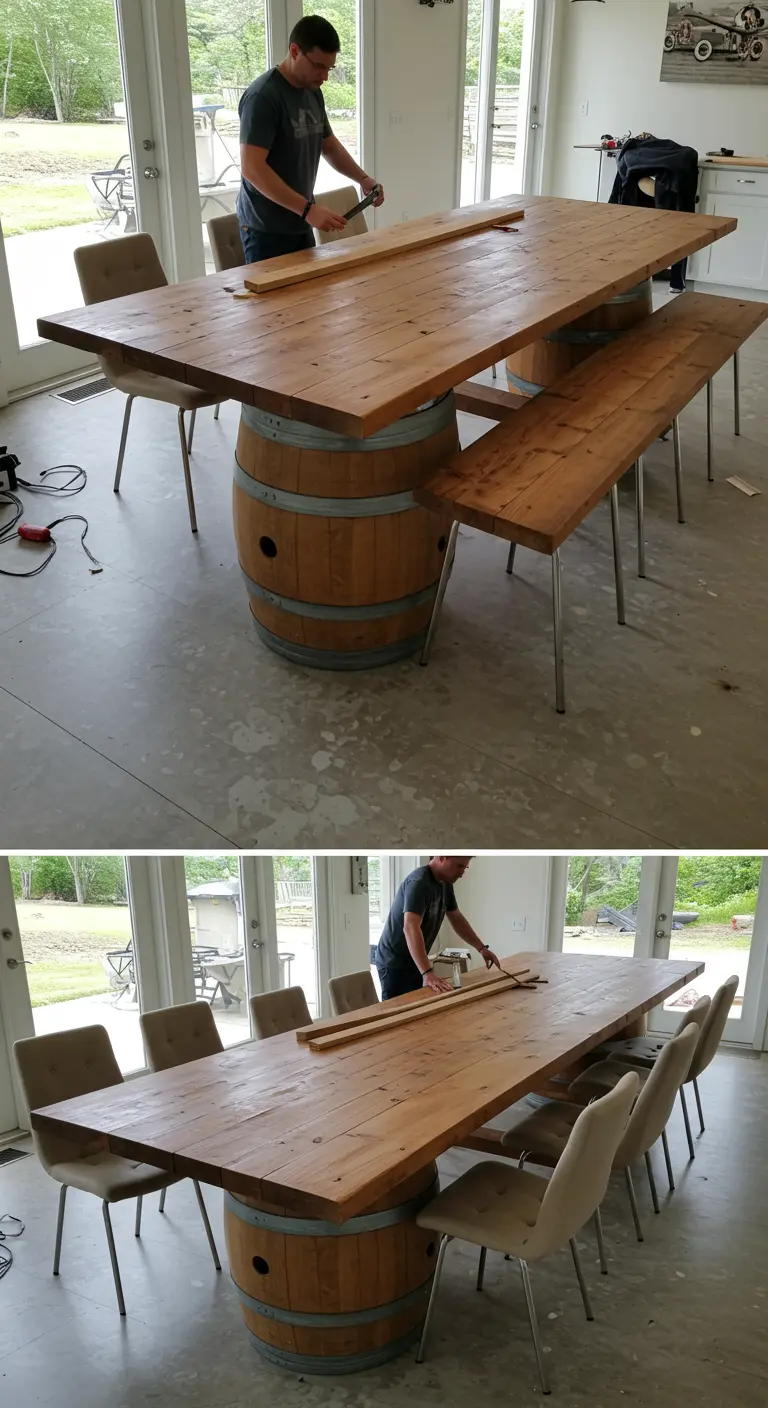 Mesa de comedor rectangular muy larga con dos barriles como base, rodeada de sillas y bancos