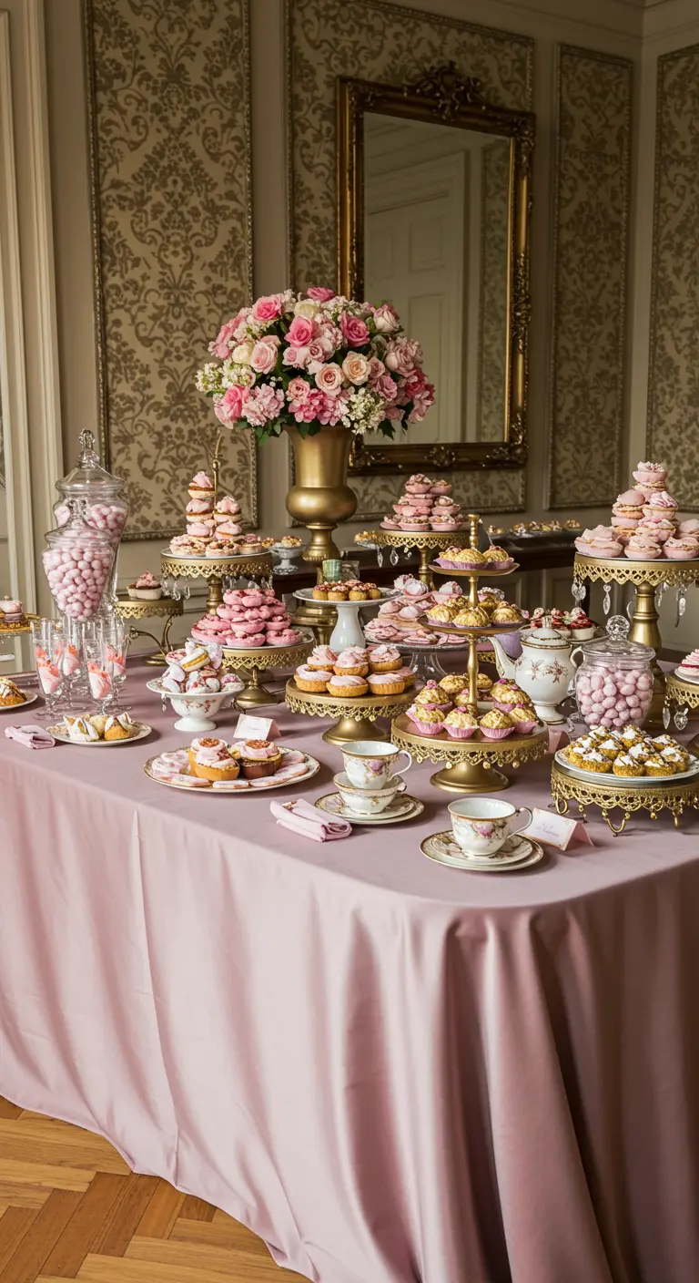 Mesa de banquete clásica con mantel rosa, alzadores dorados y abundancia de postres.