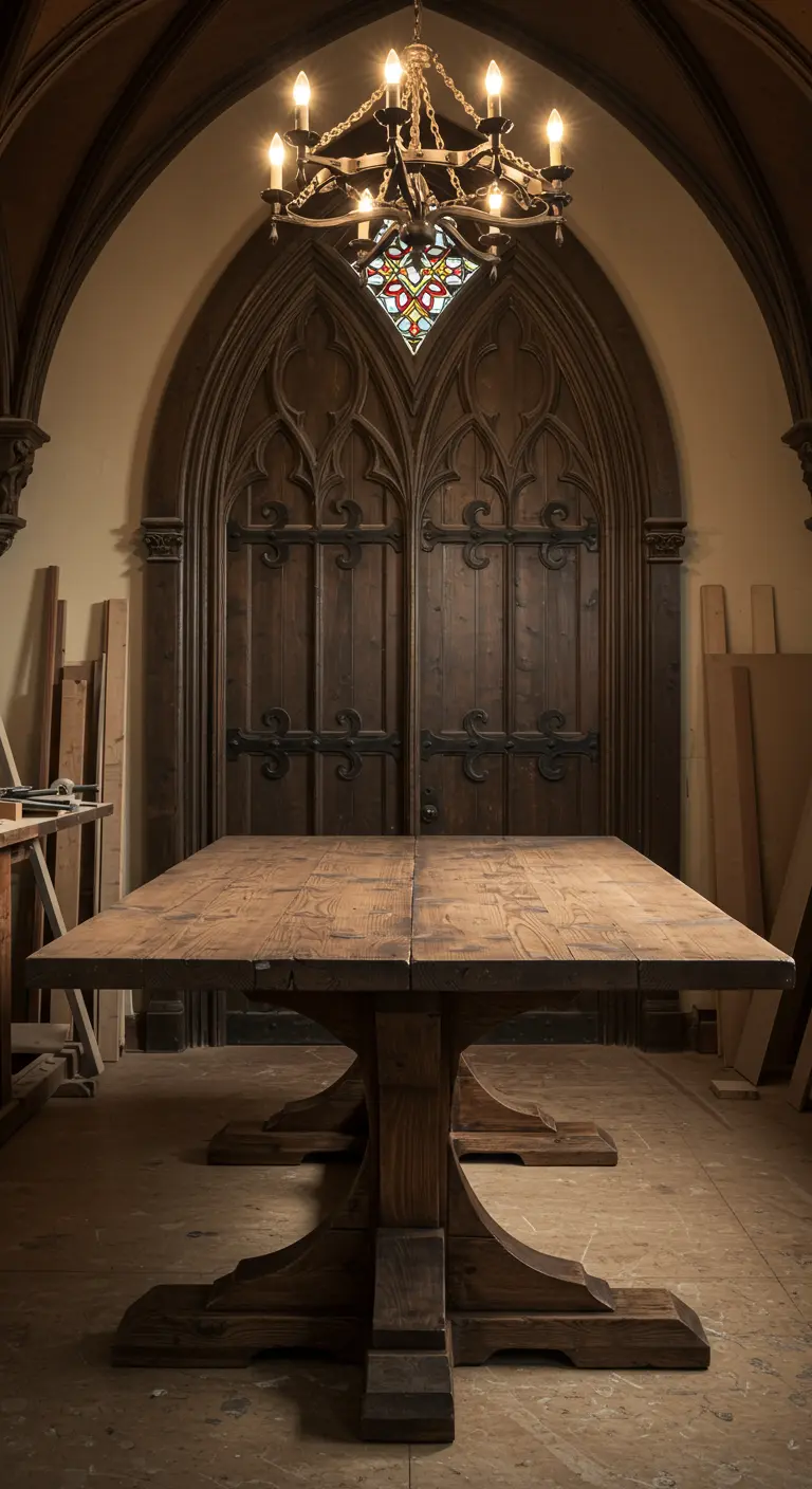 Impresionante mesa de comedor hecha con una puerta de estilo gótico en una habitación con arcos.