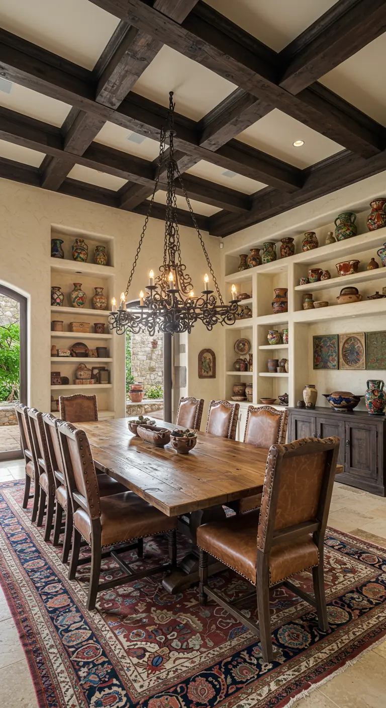 Comedor señorial estilo hacienda con vigas de madera, mesa grande y estanterías con cerámica.