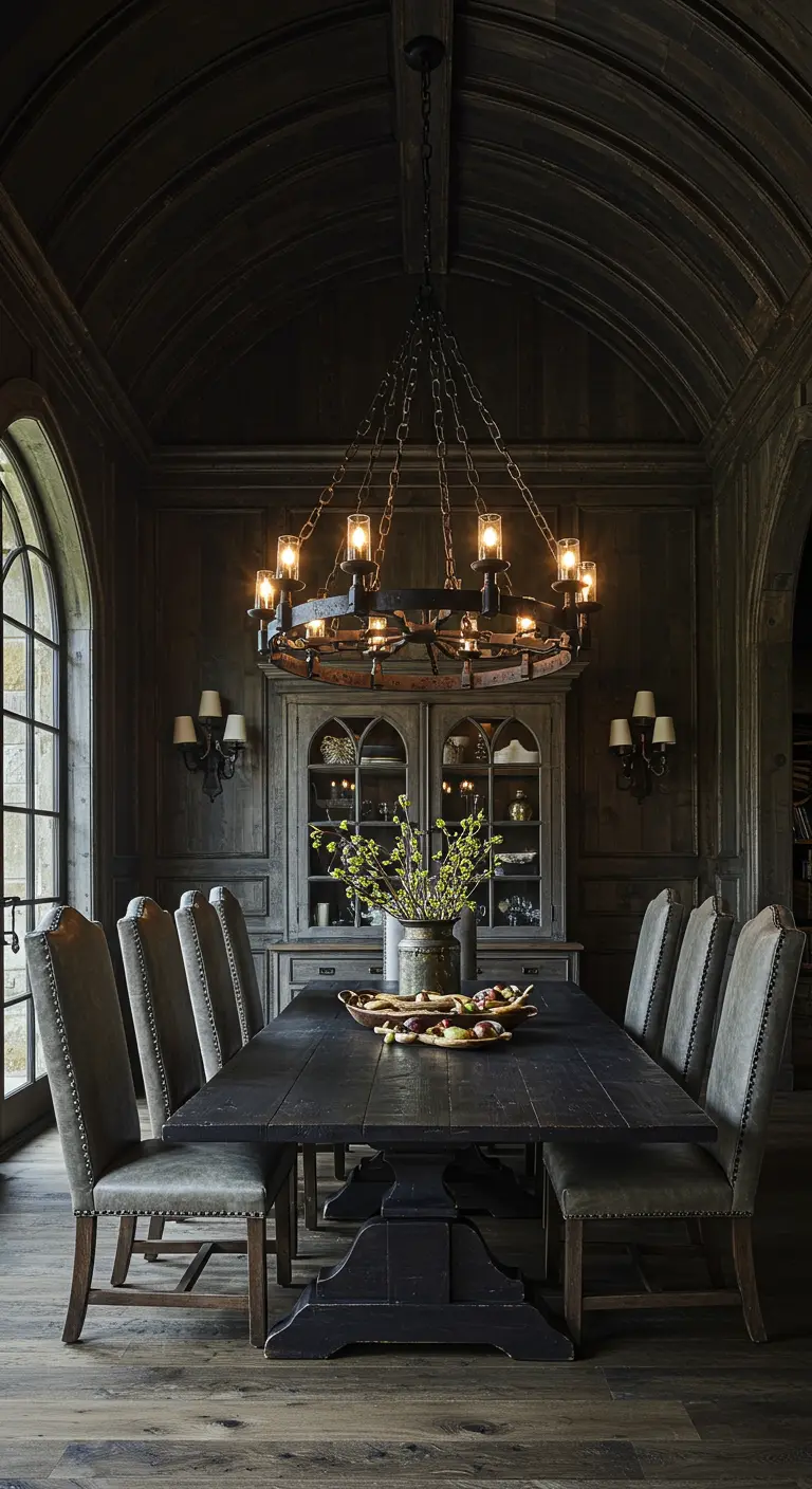 Comedor de estilo gótico con techo abovedado de madera, muebles oscuros y gran lámpara de hierro