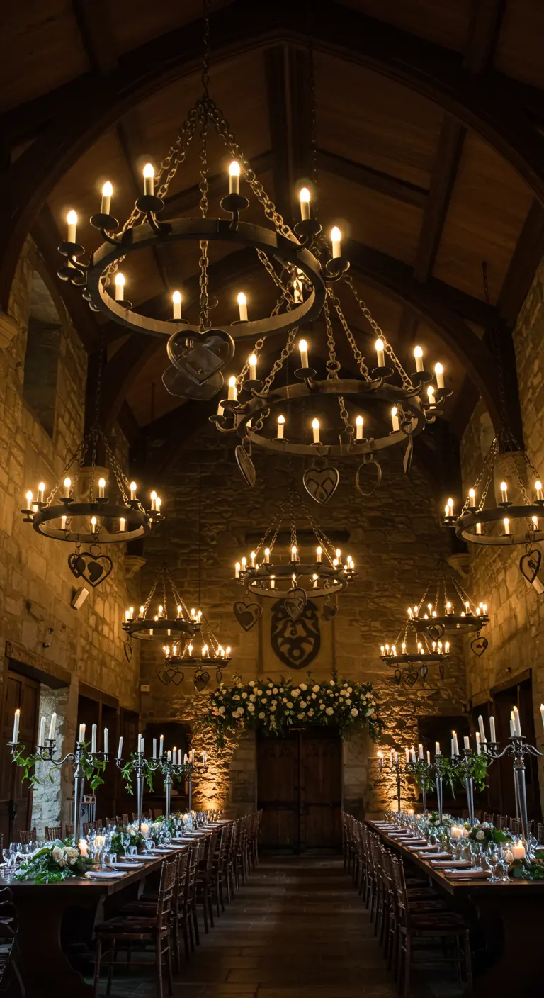 Gran salón de banquetes con lámparas de araña de hierro forjado decoradas con corazones.