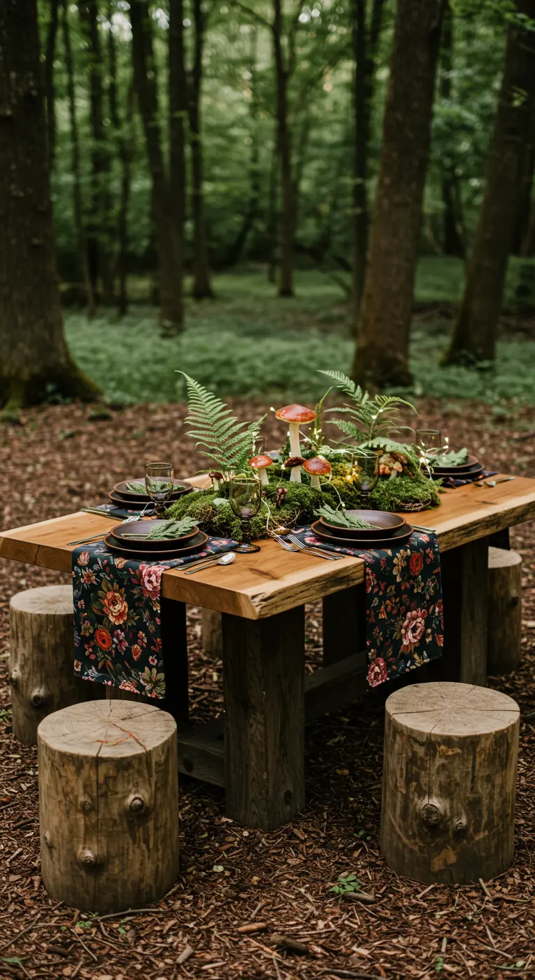 Mesa de madera en un bosque con taburetes de tronco y un centro de mesa de musgo.