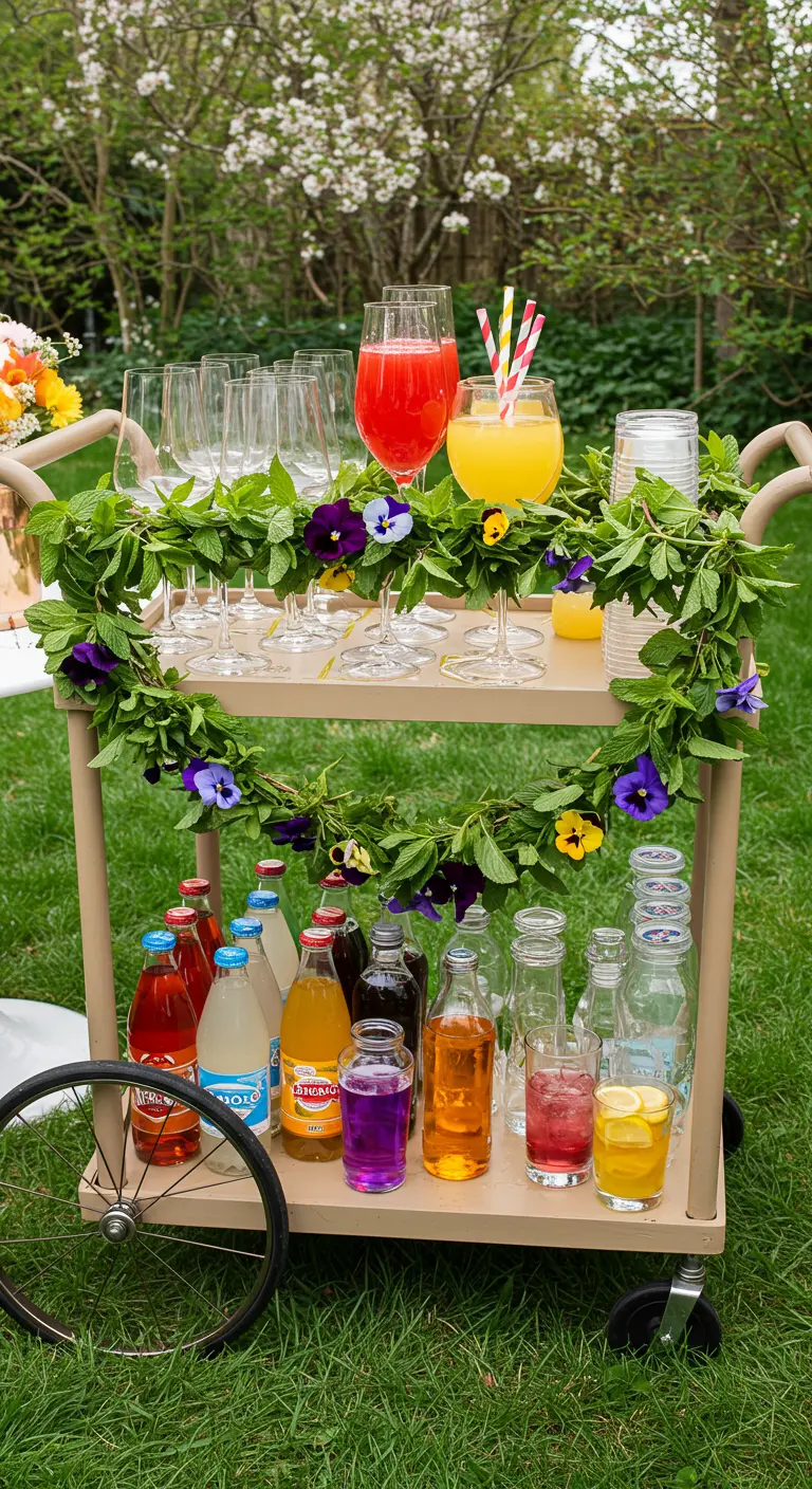 Carrito de bebidas en el jardín con una guirnalda de hojas de menta y pensamientos.