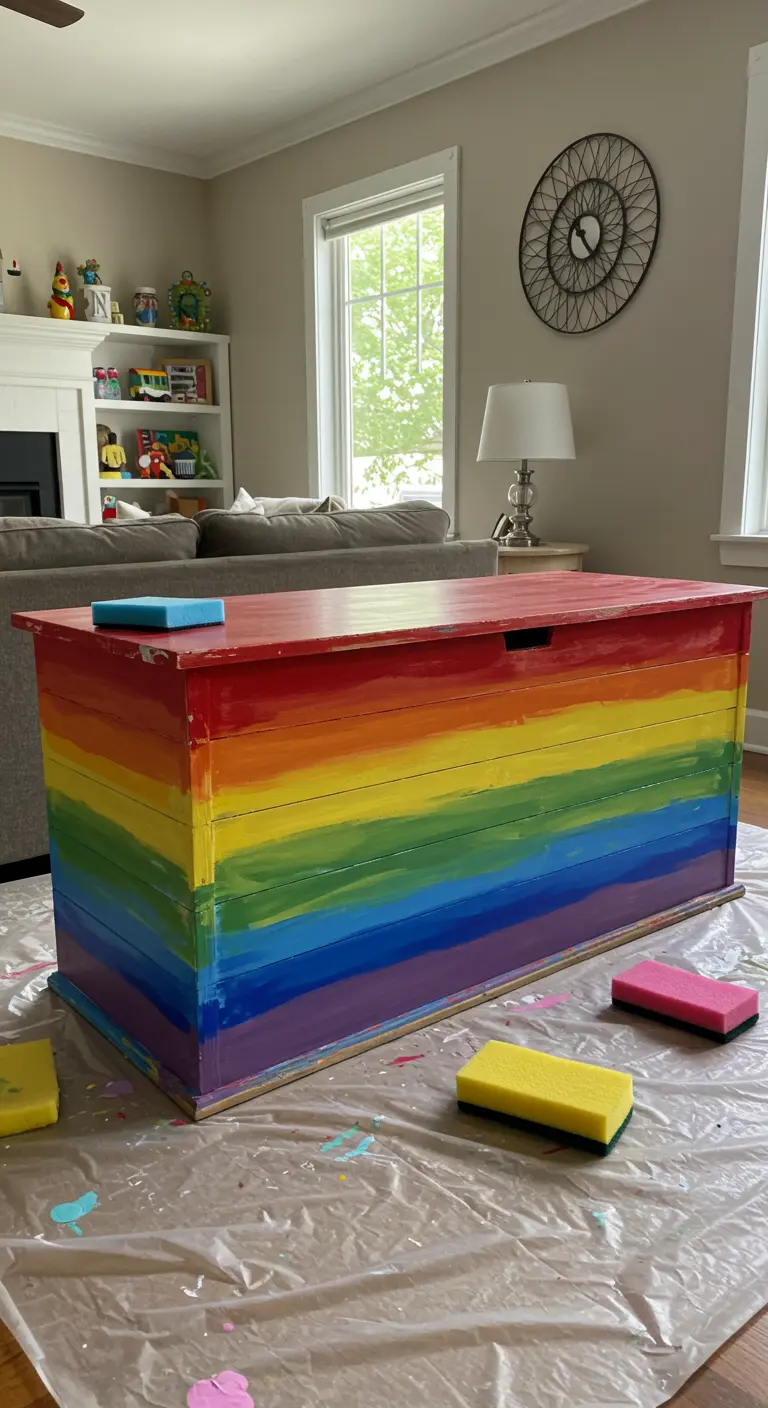 Baúl de madera pintado con los colores del arcoíris en franjas horizontales.