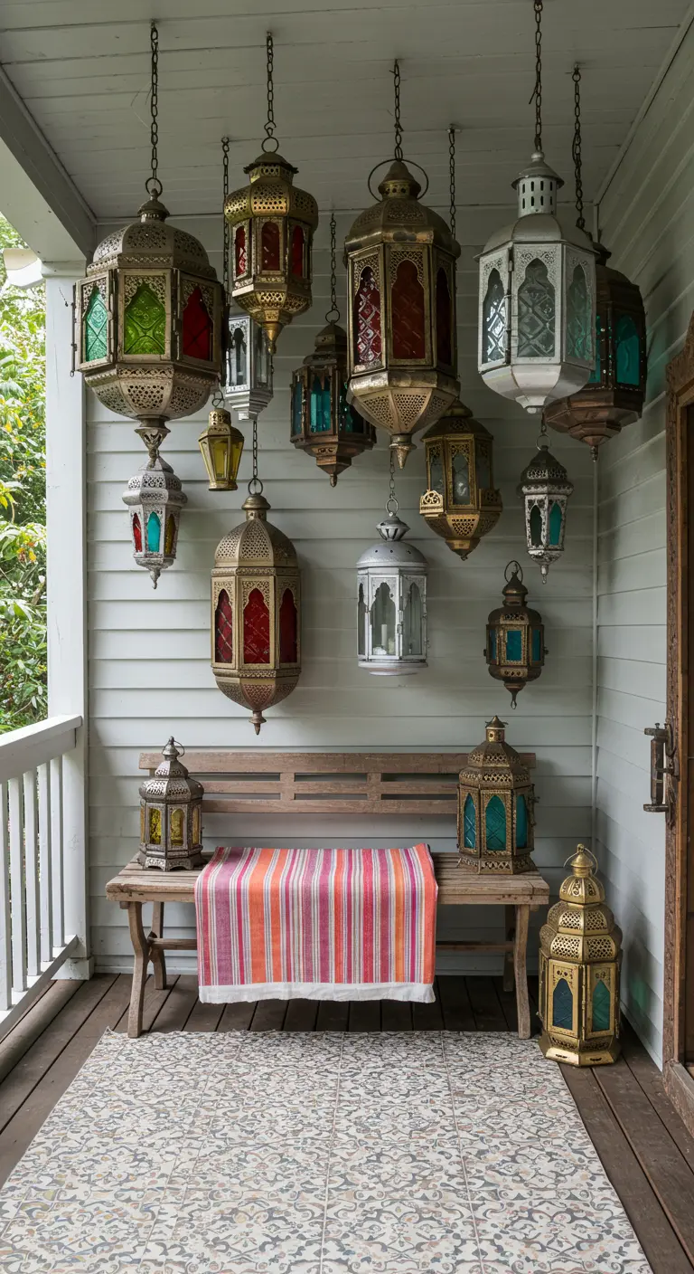 Colección de faroles marroquíes de diferentes colores y tamaños colgando sobre un banco de madera