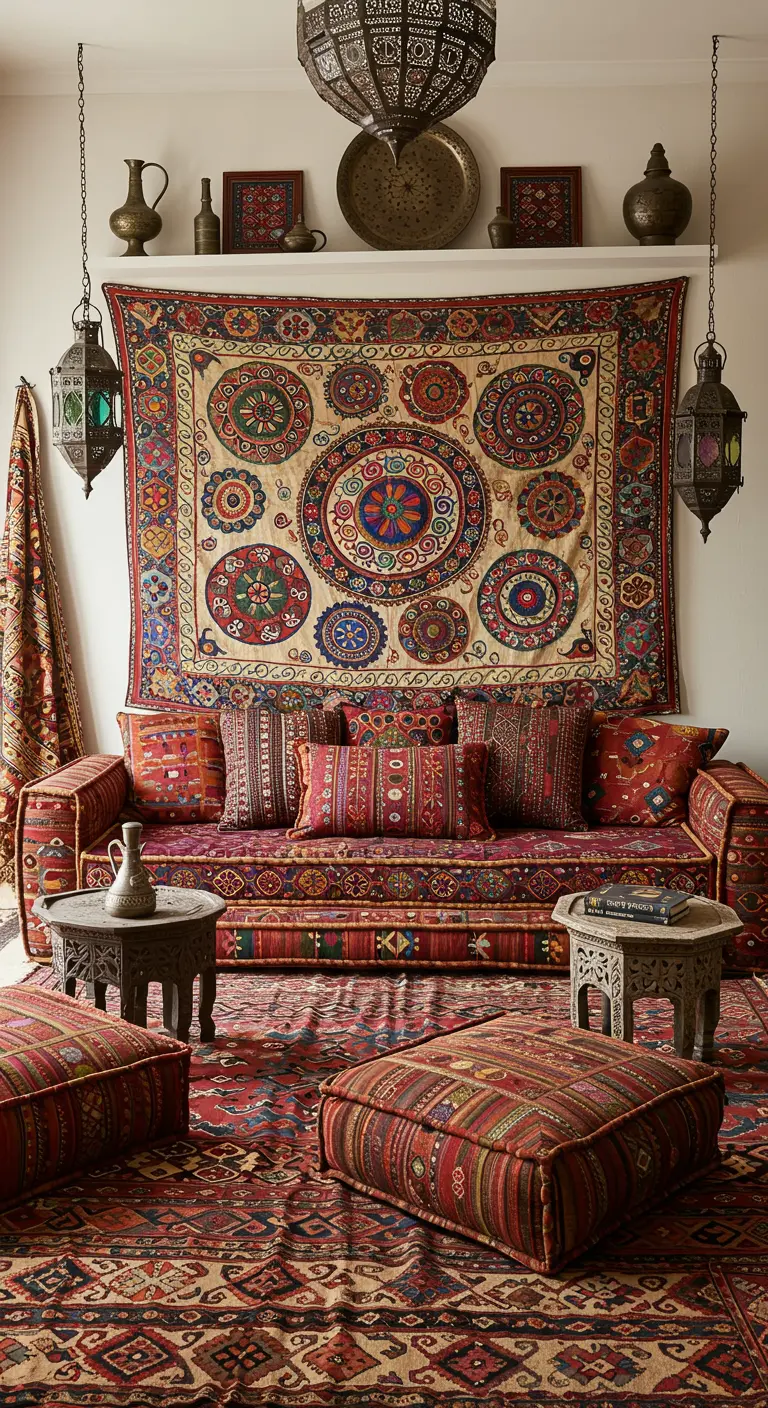 Sala de estar bohemia con un tapiz de estilo Suzani, muchos cojines y alfombras estampadas.