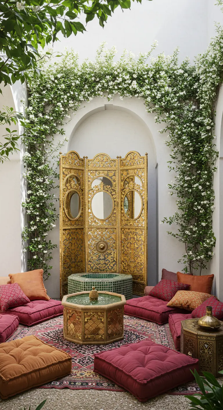 Patio de estilo marroquí con un biombo dorado, cojines de suelo y una enredadera de flores blancas.