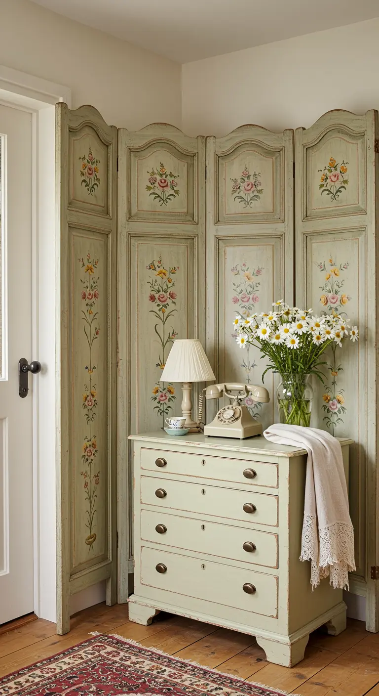 Cómoda de color verde salvia delante de un biombo pintado a mano con motivos florales.