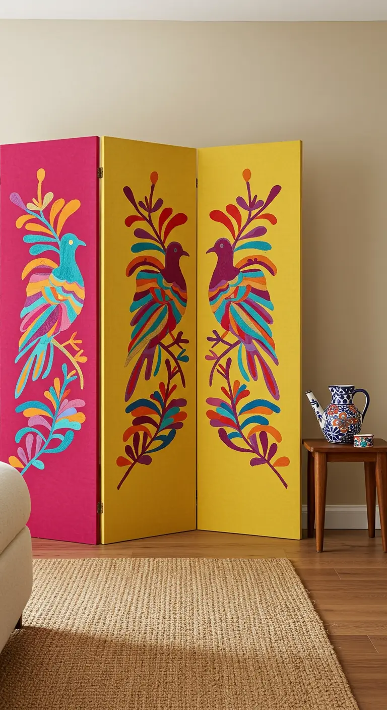 Biombo de tres paneles pintado en fucsia y amarillo con pájaros de colores.