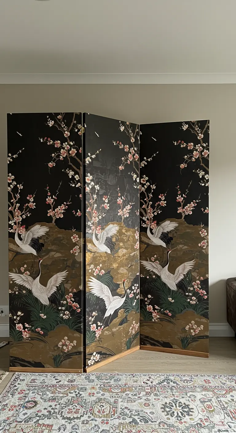 Biombo de tres paneles decorado con un elegante papel tapiz de estilo japonés con grullas, flores y detalles dorados.