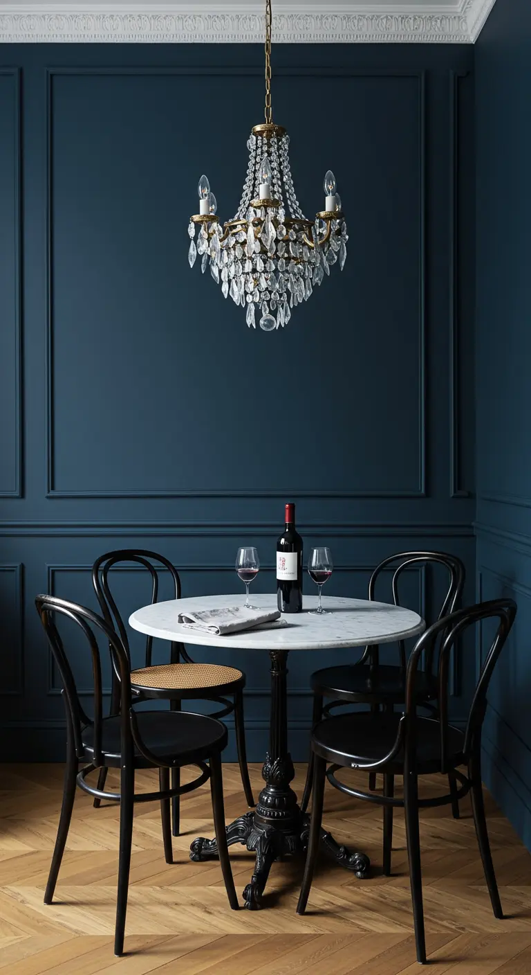 Pequeño comedor estilo bistró parisino con paredes oscuras y mesa de mármol.