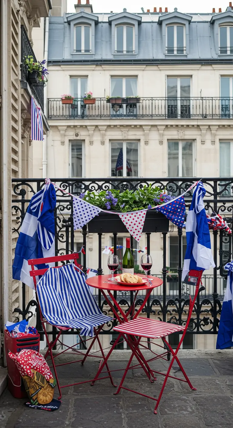 Balcón parisino con mesa y sillas de bistró rojas y decoración en azul, blanco y rojo.