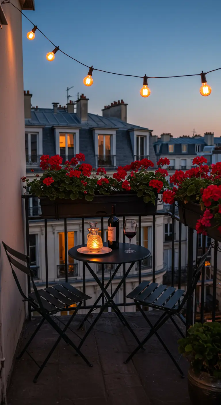 Balcón parisino al atardecer con mesa, sillas, vino y geranios rojos bajo luces cálidas.