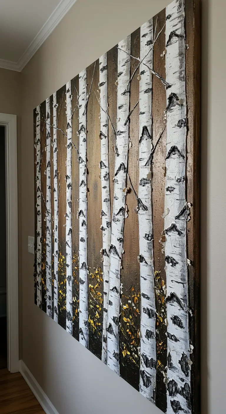Pintura texturizada multipanel de un bosque de abedules en un pasillo
