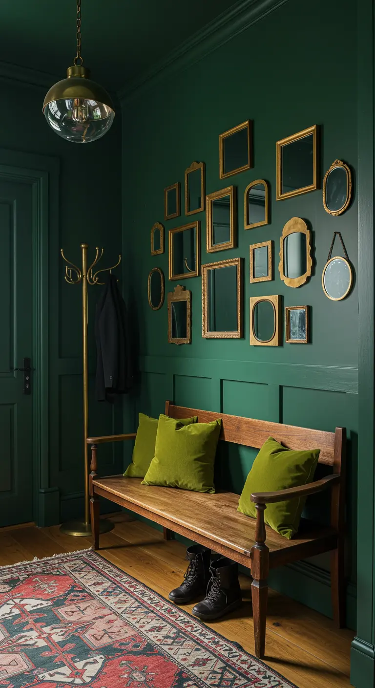 Recibidor en verde oscuro con una colección de pequeños espejos dorados en la pared y un banco.